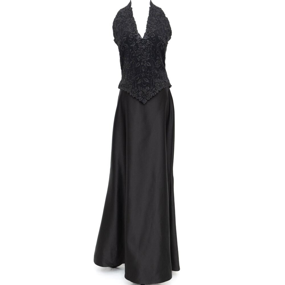 Tadashi Shoji Black Formal Beaded Sequin Halter Long Skirt Dress Size Small